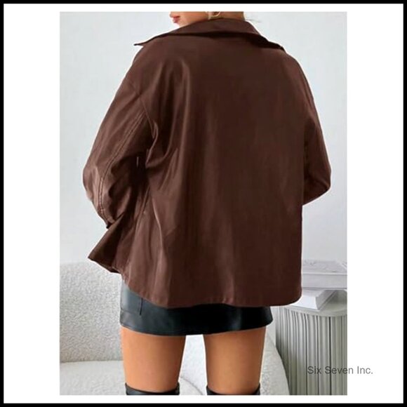 PU Leather Bomber Jacket Zip Up Collared Long Sleeve Casual Motorcycle Outerwear - Picture 2 of 6